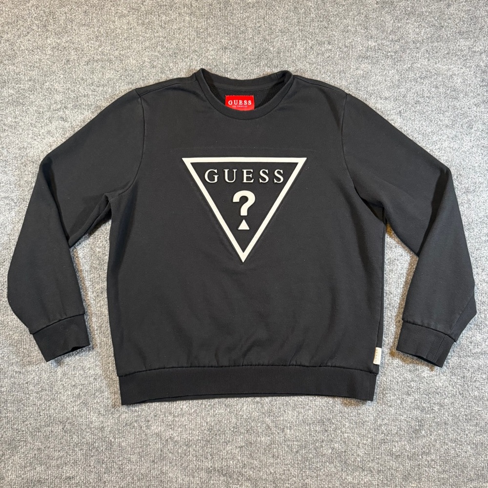 GUESS Los‎ Angeles Crewneck Sweatshirt Black White Triangle Embossed Logo Size M